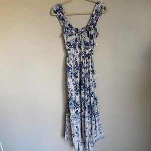 Angie Blue White Floral Maxi Dress XS High Low Tie Back Tropical Rayon Summer